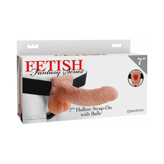 Pipedream Fetish Fantasy Series 7 in. Hollow Strap-On with Balls Beige/Black - Red Garter