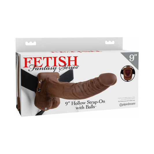 Pipedream Fetish Fantasy Series 9 in. Hollow Strap-On with Balls Brown/Black - Red Garter
