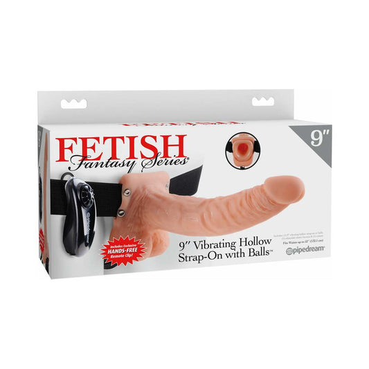 Pipedream Fetish Fantasy Series 9 in. Vibrating Hollow Strap-On with Balls Beige/Black - Red Garter