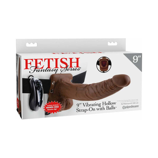 Pipedream Fetish Fantasy Series 9 in. Vibrating Hollow Strap-On with Balls Brown/Black - Red Garter