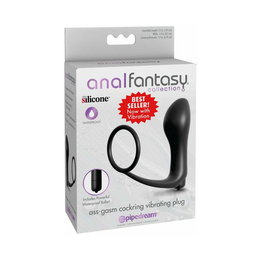 Pipedream Anal Fantasy Collection Silicone Ass-Gasm Vibrating Cockring & Plug Black - Red Garter
