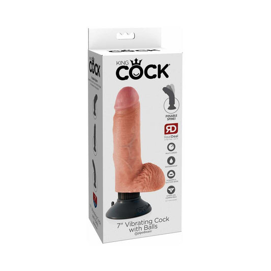 Pipedream King Cock 7 in. Vibrating Cock With Balls Poseable Suction Cup Dildo Beige - Red Garter