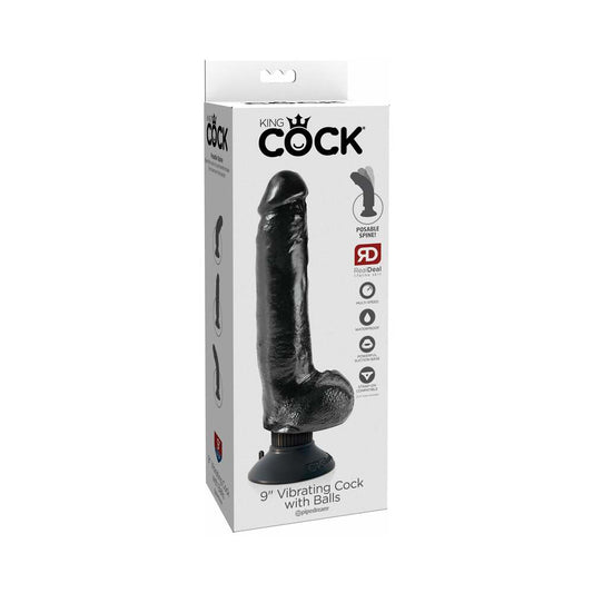 Pipedream King Cock 9 in. Vibrating Cock With Balls Poseable Suction Cup Dildo Black - Red Garter