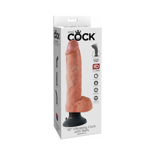 Pipedream King Cock 10 in. Vibrating Cock With Balls Poseable Suction Cup Dildo Beige - Red Garter