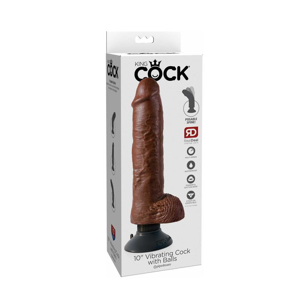 Pipedream King Cock 10 in. Vibrating Cock With Balls Poseable Suction Cup Dildo Brown - Red Garter