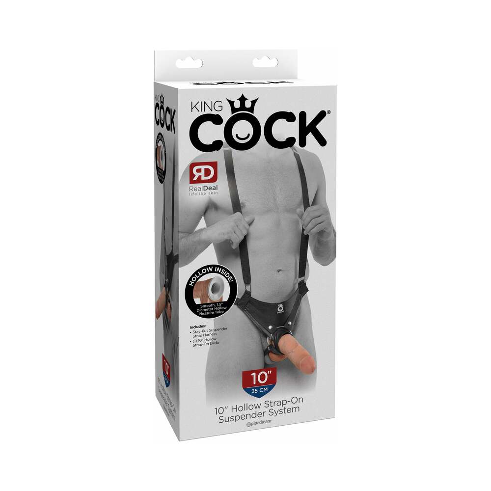 Pipedream King Cock Adjustable 10 in. Hollow Strap-On Suspender System Beige/Black - Red Garter