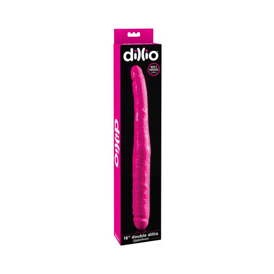 Pipedream Dillio 16 in. Double Dong Realistic Dual-Ended Dildo Pink - Red Garter
