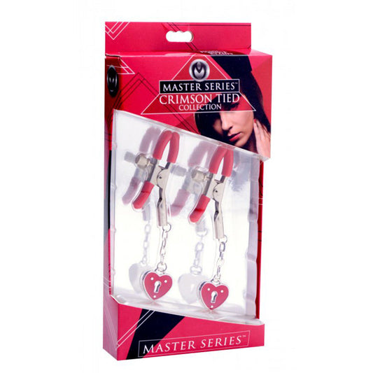 Masters Crimson Tied Charmed Heart Padlock Nipple Clamps - Red Garter