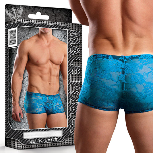 Male Power Mini Short Neon Lace Turq Small - Red Garter