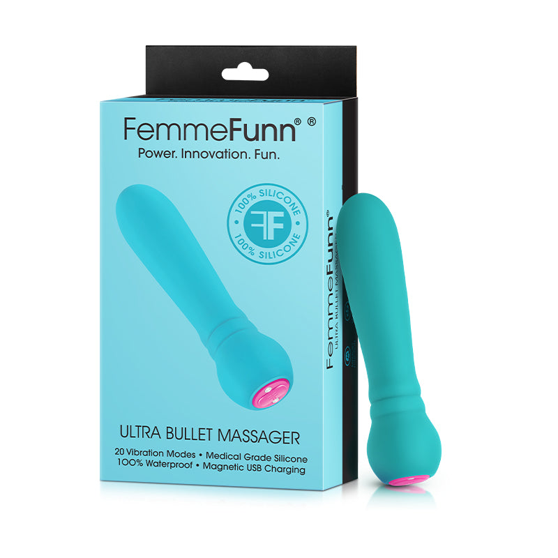 FemmeFunn Ultra Bullet Massager Rechargeable Silicone Vibrator Turquoise - Red Garter