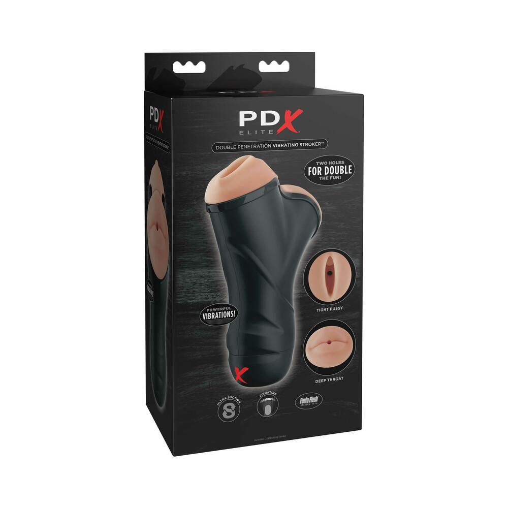 PDX Elite Double Penetration Vibrating Dual Entry Stroker Beige/Black - Red Garter