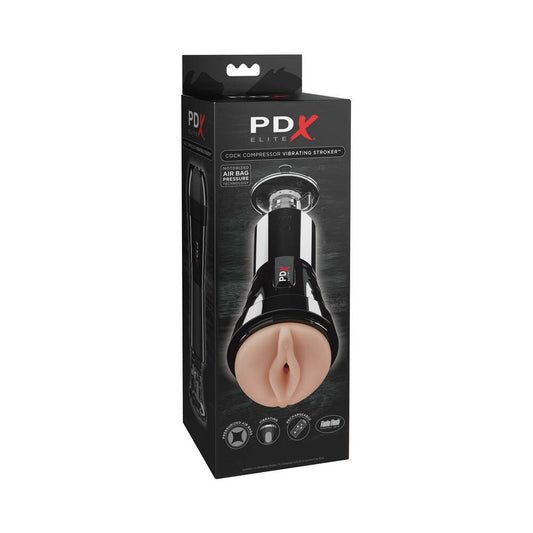 PDX Elite Cock Compressor Rechargeable Vibrating Stroker With Hands-Free Suction Cup Beige/Black - Red Garter