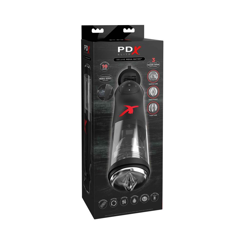 PDX Elite Deluxe Mega-Bator Rotating Thrusting Masturbator Clear/Black - Red Garter