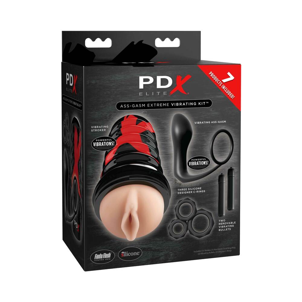 PDX Elite Ass-Gasm Extreme Vibrating 7-Piece Kit - Red Garter