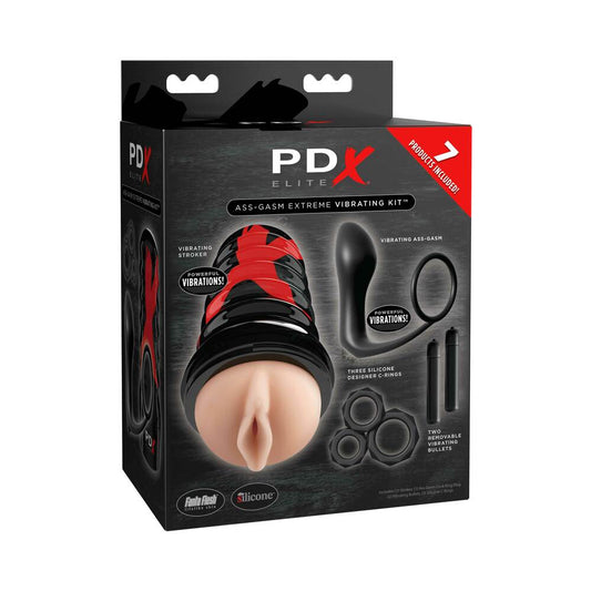 PDX Elite Ass-Gasm Extreme Vibrating 7-Piece Kit - Red Garter