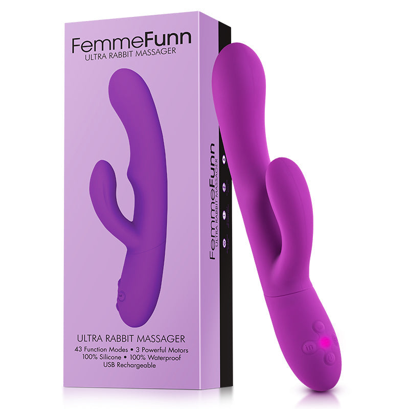 FemmeFunn Ultra Rabbit Rechargeable Silicone Dual Stimulation Vibrator Purple - Red Garter