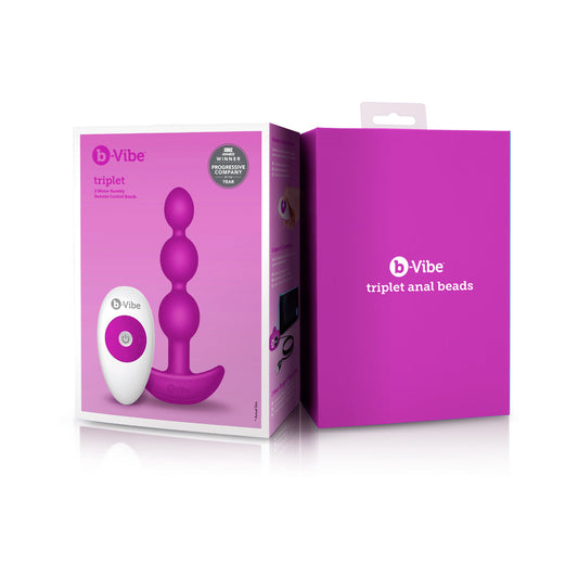 b-Vibe Triplet Rechargeable Remote-Controlled Vibrating Anal Beads Plug Fuchsia - Red Garter