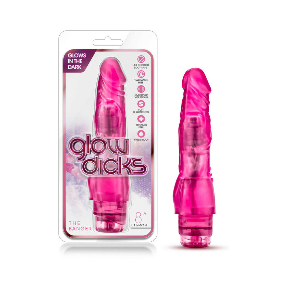 Blush Glow Dicks The Banger Realistic 8 in. Vibrating Dildo Pink - Red Garter