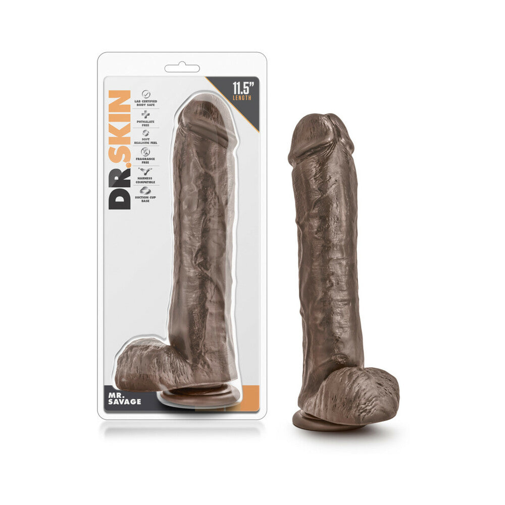 Dr. Skin Mr. Savage Realistic 11.5 in. Dildo with Balls Brown - Red Garter
