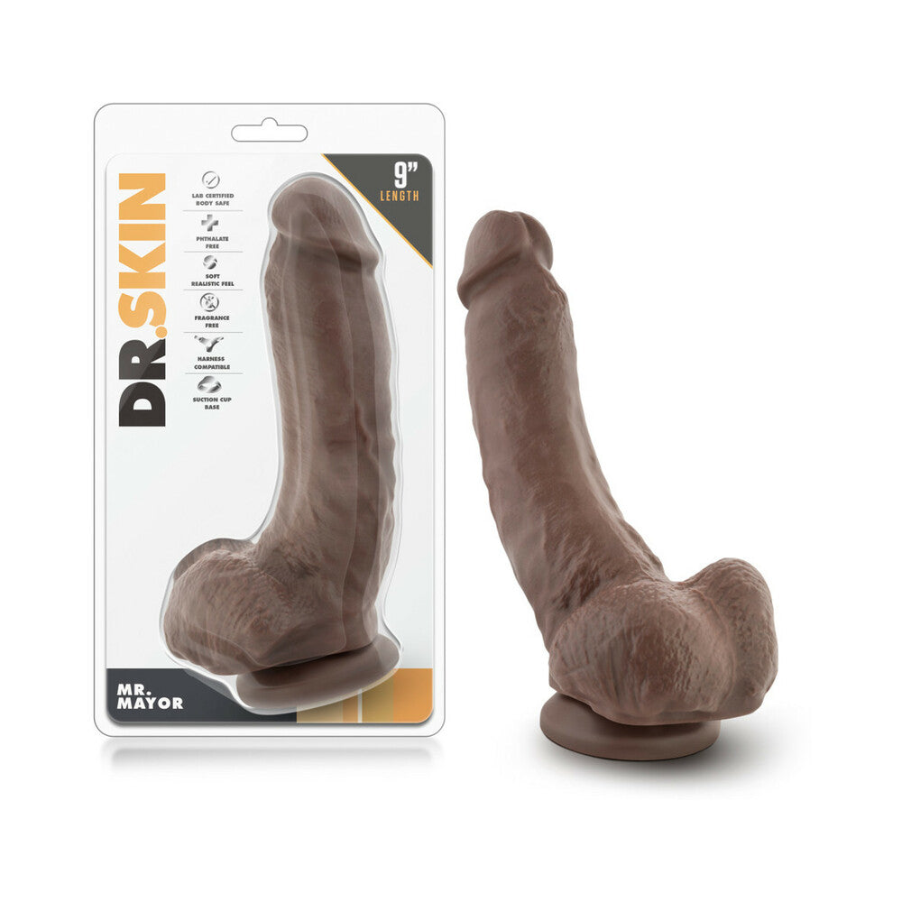 Blush Dr. Skin Mr. Mayor Realistic 9 in. Dildo with Balls & Suction Cup Brown - Red Garter