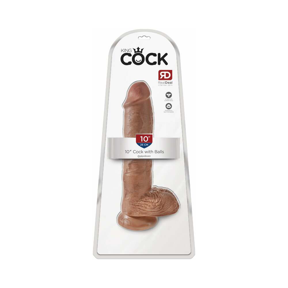 Pipedream King Cock 10 in. Cock With Balls Realistic Suction Cup Dildo Tan - Red Garter