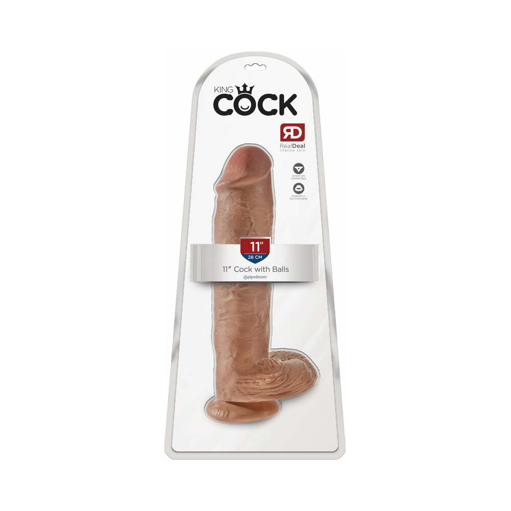 Pipedream King Cock 11 in. Cock With Balls Realistic Suction Cup Dildo Tan - Red Garter
