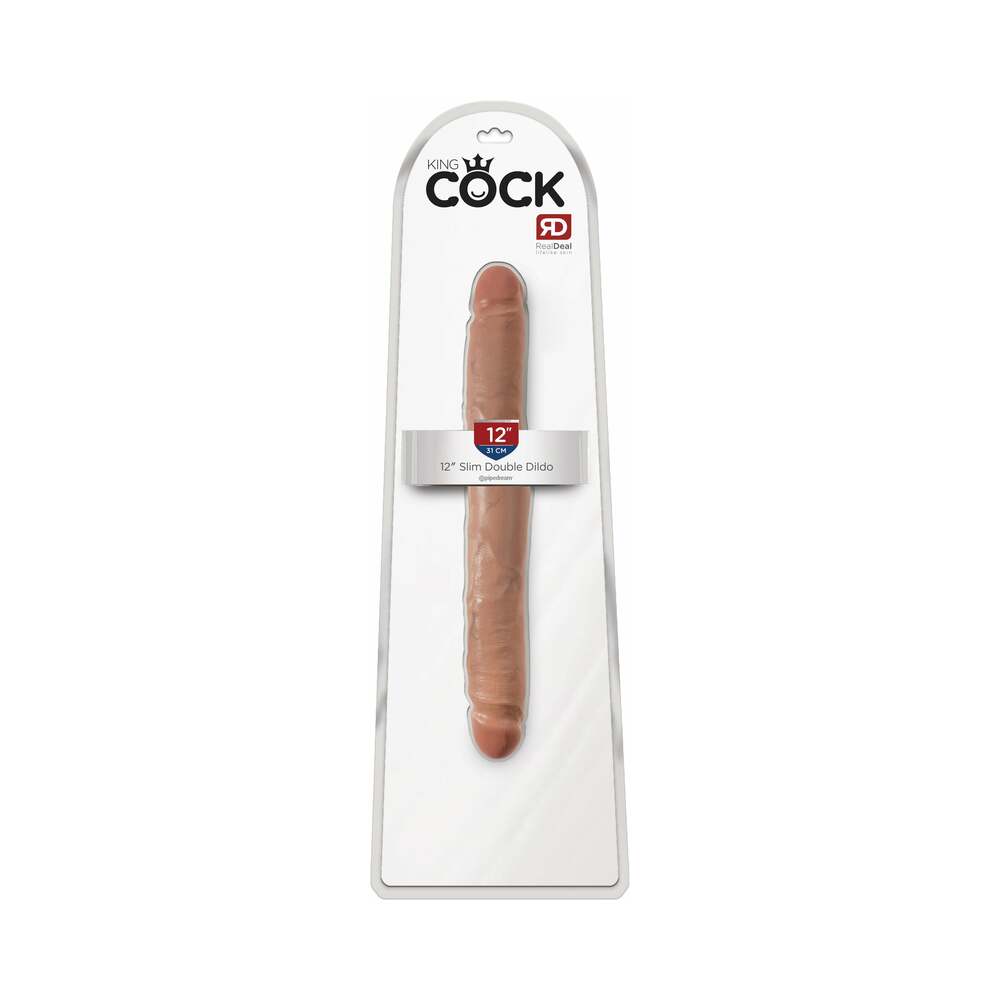 Pipedream King Cock 12 in. Slim Double Dildo Realistic Tan - Red Garter