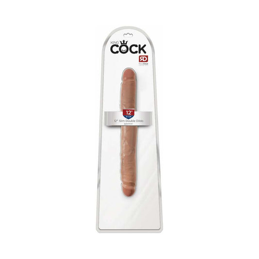 Pipedream King Cock 12 in. Slim Double Dildo Realistic Tan - Red Garter