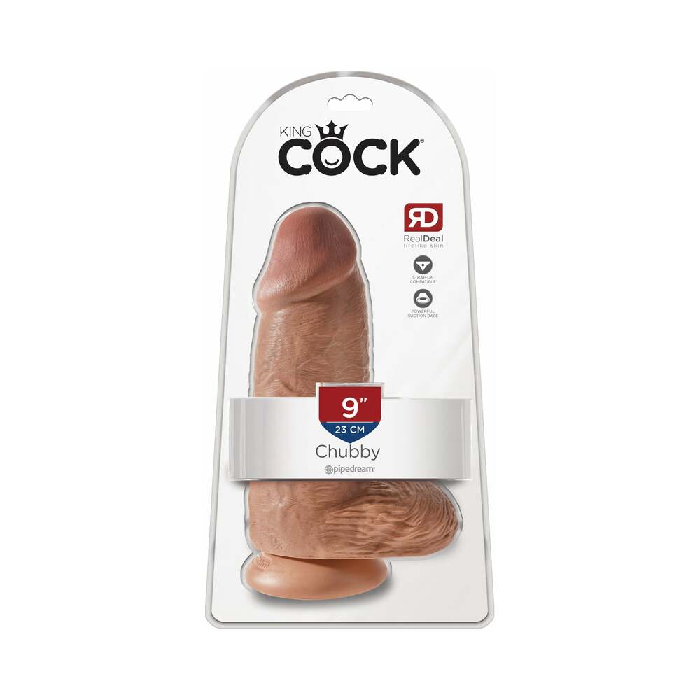 Pipedream King Cock Chubby 9 in. Cock With Balls Realistic Suction Cup Dildo Tan - Red Garter