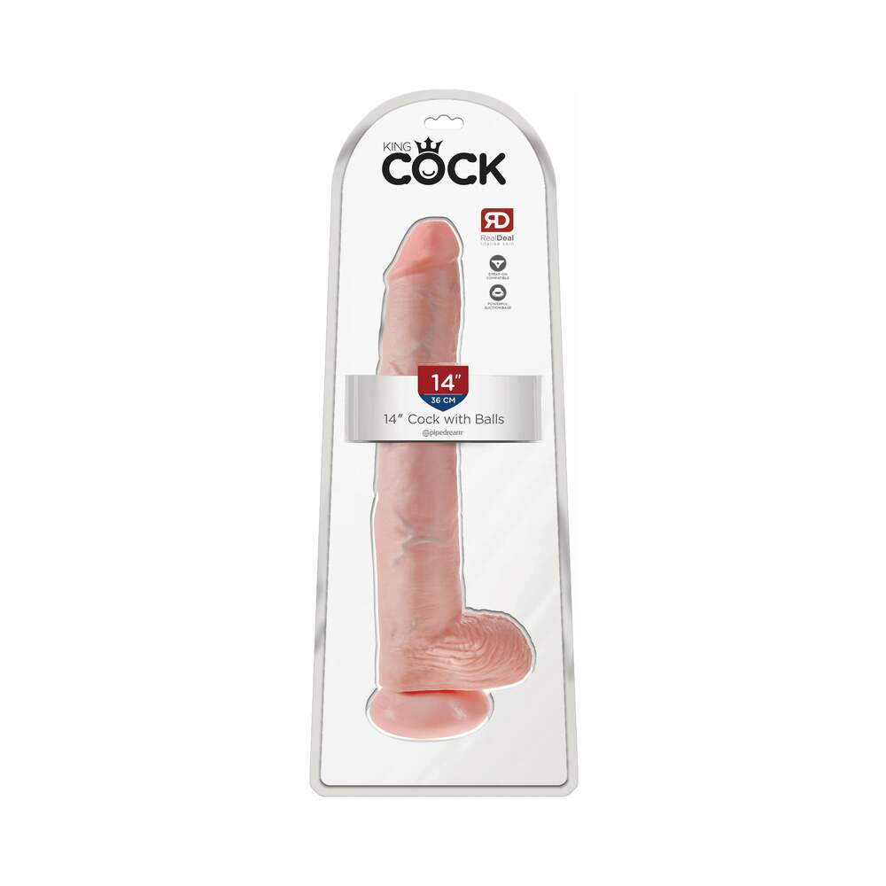 Pipedream King Cock 14 in. Cock With Balls Realistic Suction Cup Dildo Beige - Red Garter