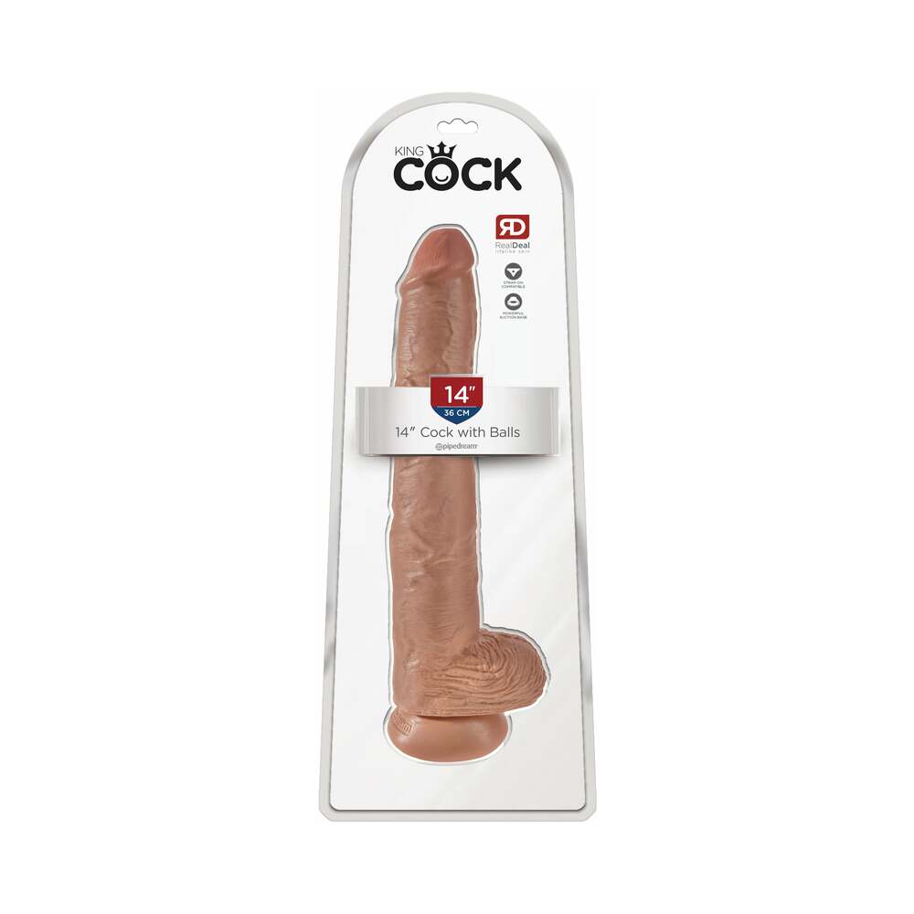 Pipedream King Cock 14 in. Cock With Balls Realistic Suction Cup Dildo Tan - Red Garter