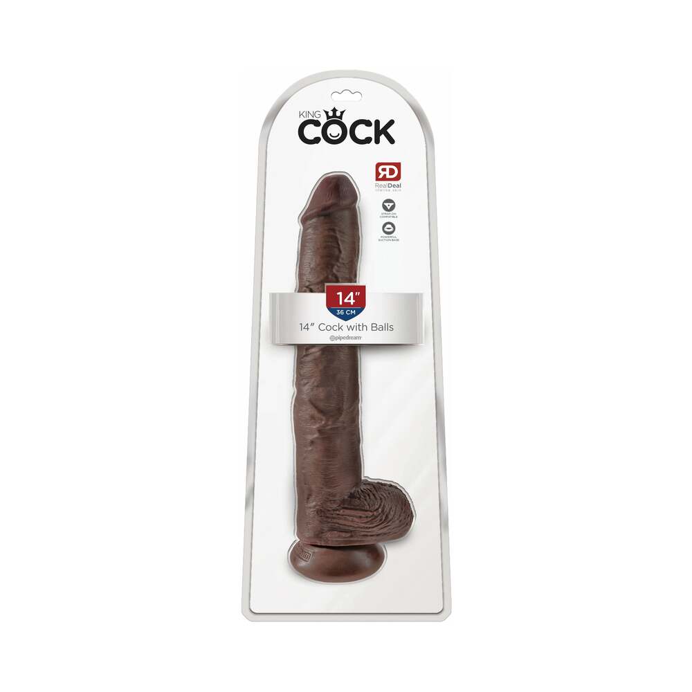 Pipedream King Cock 14 in. Cock With Balls Realistic Suction Cup Dildo Brown - Red Garter