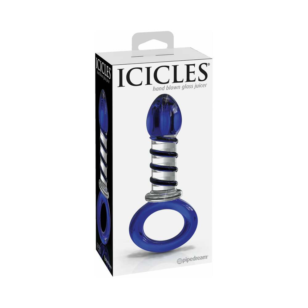 Pipedream Icicles No. 81 Glass Juicer Ribbed Dildo With Handle Blue - Red Garter