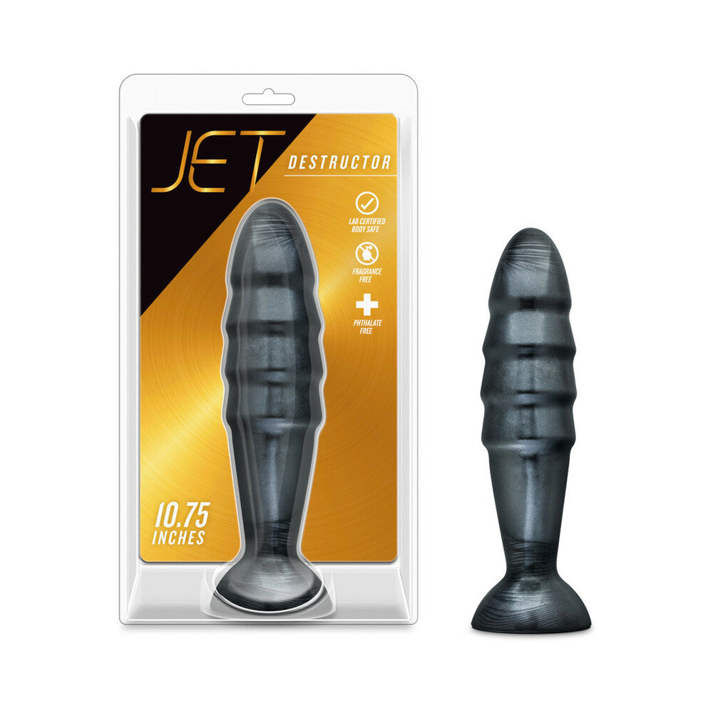 Blush Jet Destructor 10.75 in. Anal Plug Carbon Metallic Black - Red Garter