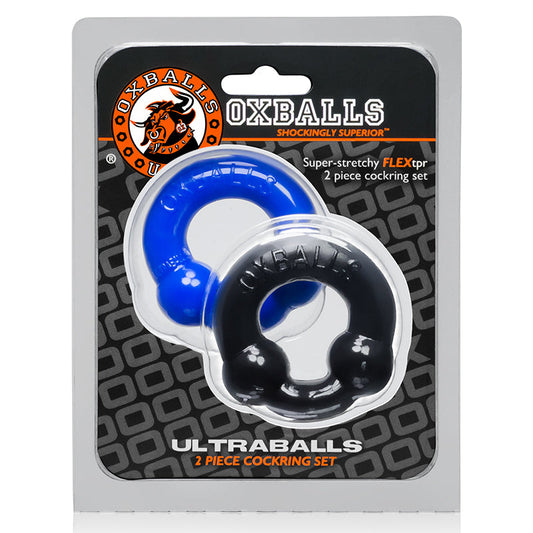 OxBalls Ultraballs, 2-Pack Cockring, Black & Police Blue - Red Garter