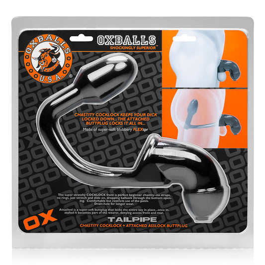 OxBalls Tailpipe, Chastity Cock-Lock And Attacehd Buttplug, Black - Red Garter