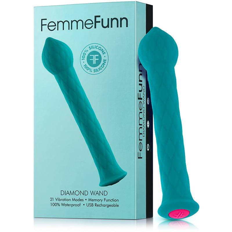 FemmeFunn Diamond Wand Rechargeable Flexible Textured Silicone Vibrator Turquoise - Red Garter