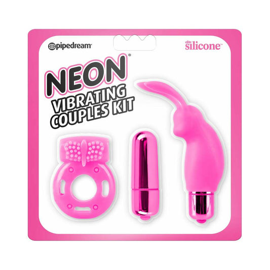 Pipedream Neon 3-Piece Silicone Vibrating Couples Kit Pink - Red Garter
