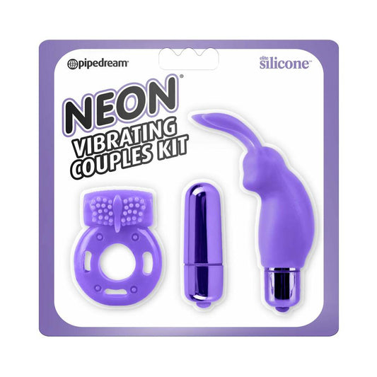 Pipedream Neon 3-Piece Silicone Vibrating Couples Kit Purple - Red Garter