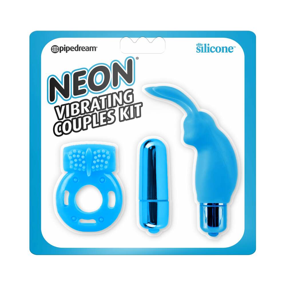 Pipedream Neon 3-Piece Silicone Vibrating Couples Kit Blue - Red Garter