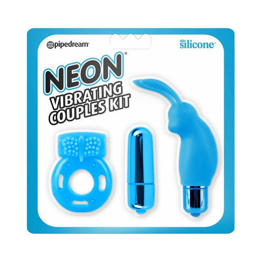 Pipedream Neon 3-Piece Silicone Vibrating Couples Kit Blue - Red Garter