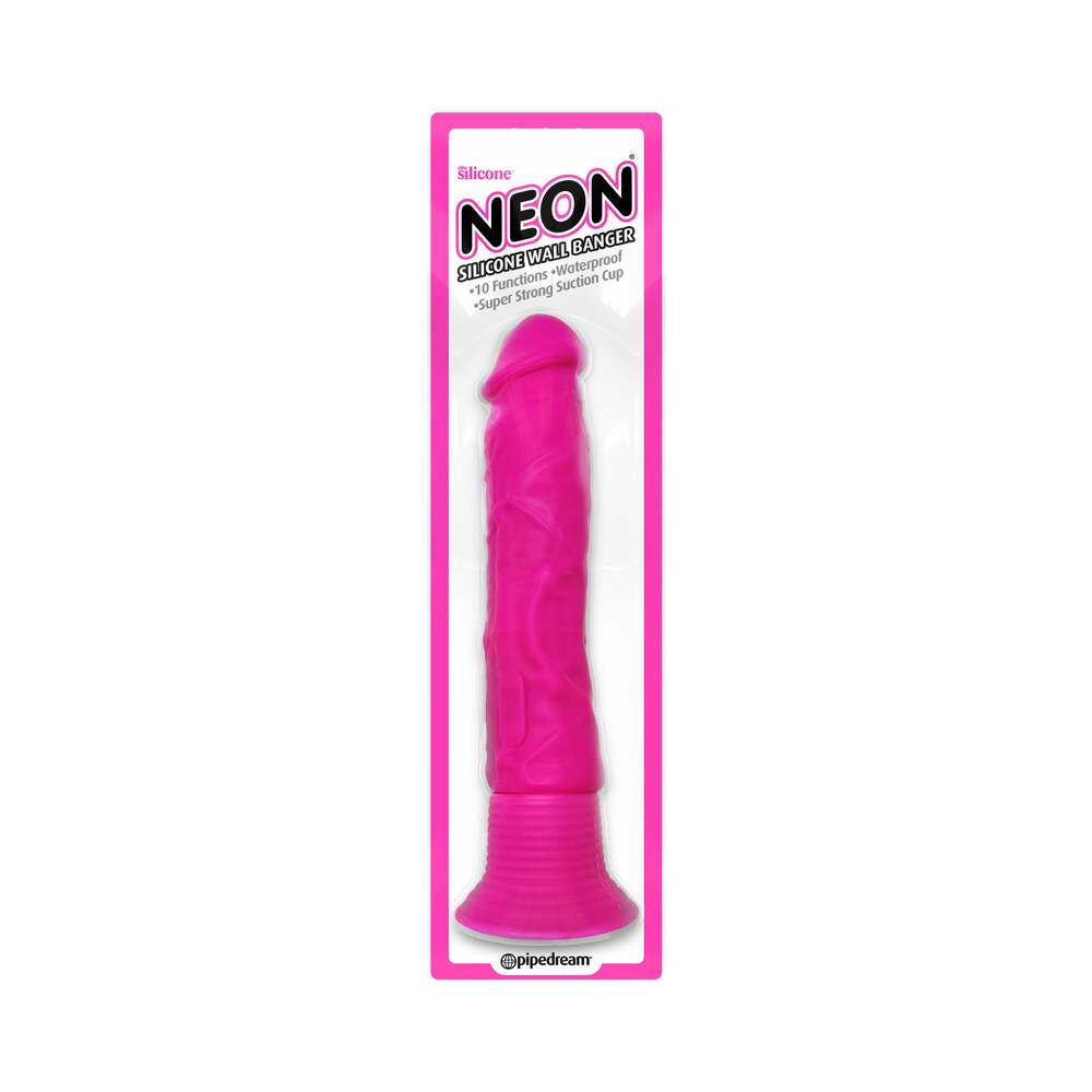 Pipedream Neon Silicone Wall Banger 7.5 in. Realistic Vibrating Dildo With Suction Cup Pink - Red Garter