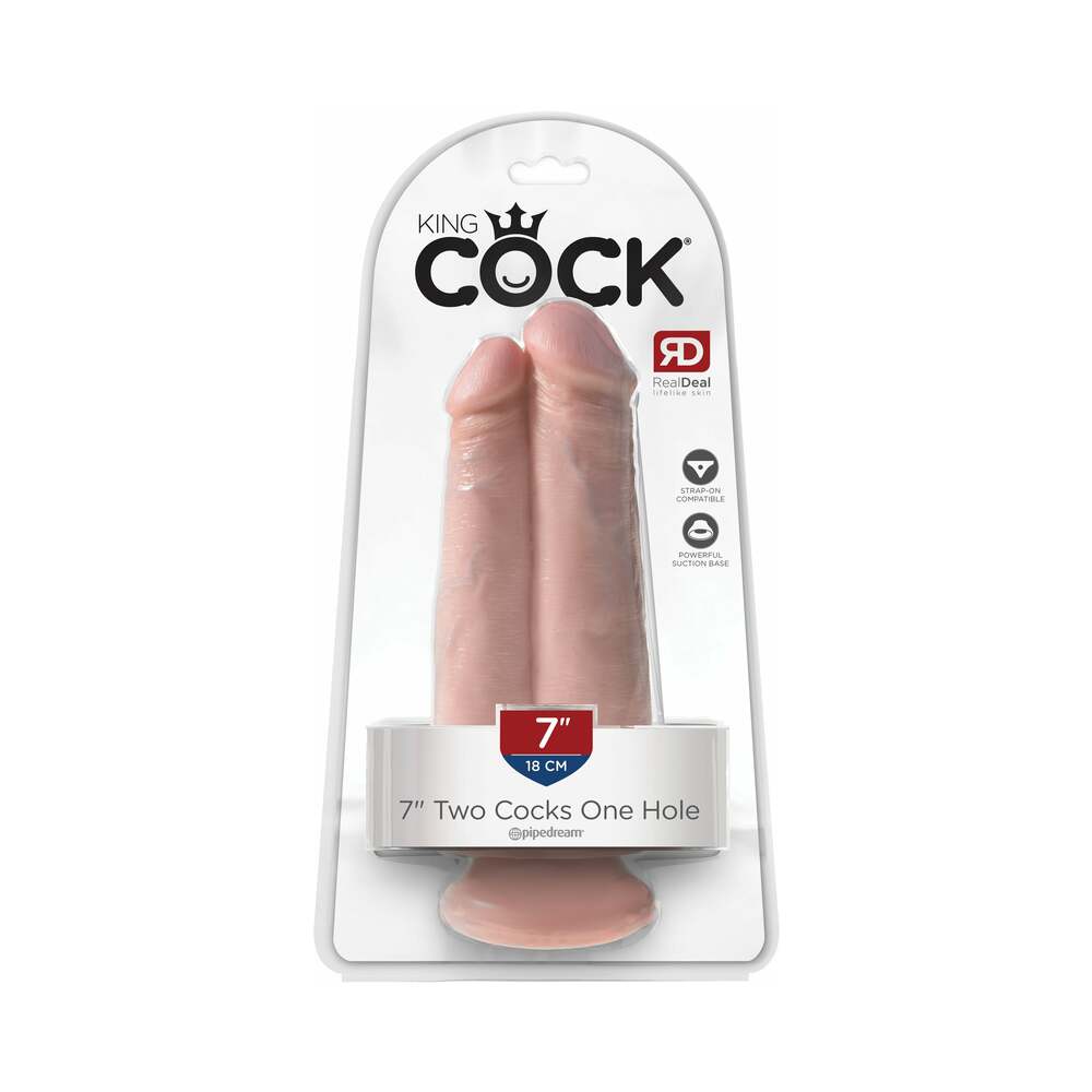 Pipedream King Cock 7 in. Two Cocks One Hole Dual Dildo With Suction Cup Beige - Red Garter