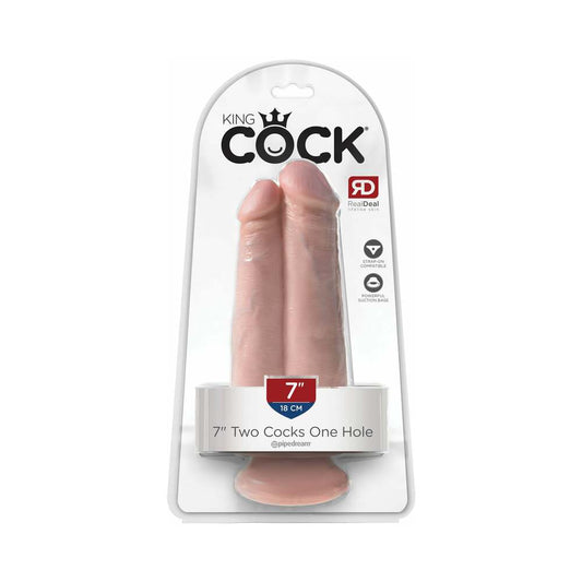 Pipedream King Cock 7 in. Two Cocks One Hole Dual Dildo With Suction Cup Beige - Red Garter