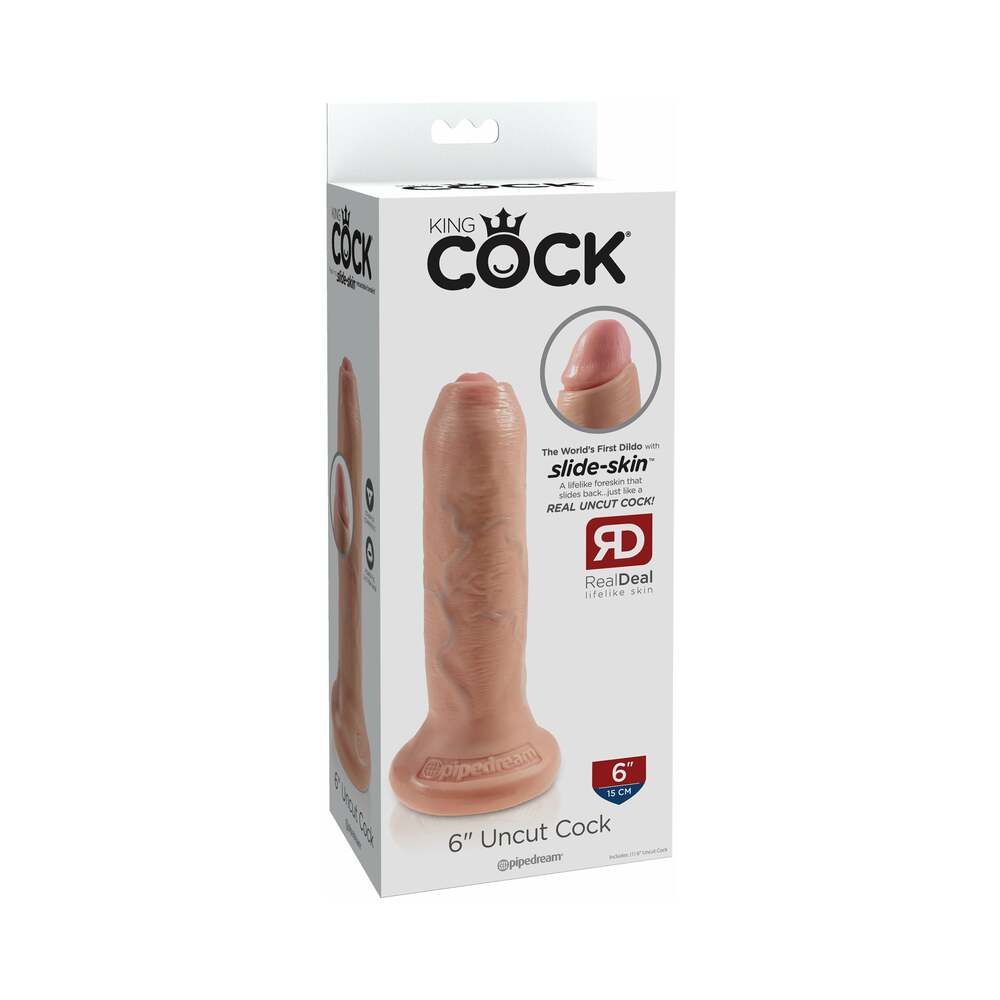 Pipedream King Cock 6 in. Uncut Cock Realistic Dildo With Moveable Foreskin & Suction Cup Beige - Red Garter