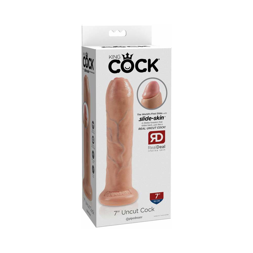 Pipedream King Cock 7 in. Uncut Cock Realistic Dildo With Moveable Foreskin & Suction Cup Beige - Red Garter