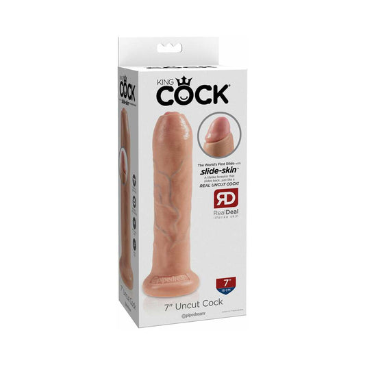 Pipedream King Cock 7 in. Uncut Cock Realistic Dildo With Moveable Foreskin & Suction Cup Beige - Red Garter