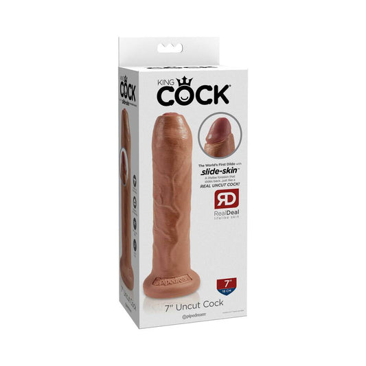 Pipedream King Cock 7 in. Uncut Cock Realistic Dildo With Moveable Foreskin & Suction Cup Tan - Red Garter