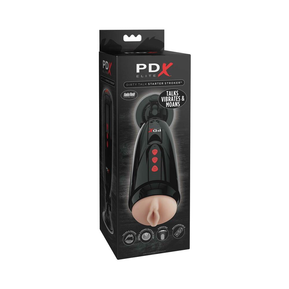 PDX Elite Dirty Talk Rechargeable Vibrating Starter Stroker With Hands-Free Suction Cup Beige/Black - Red Garter