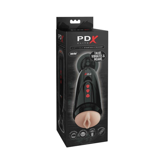PDX Elite Dirty Talk Rechargeable Vibrating Starter Stroker With Hands-Free Suction Cup Beige/Black - Red Garter
